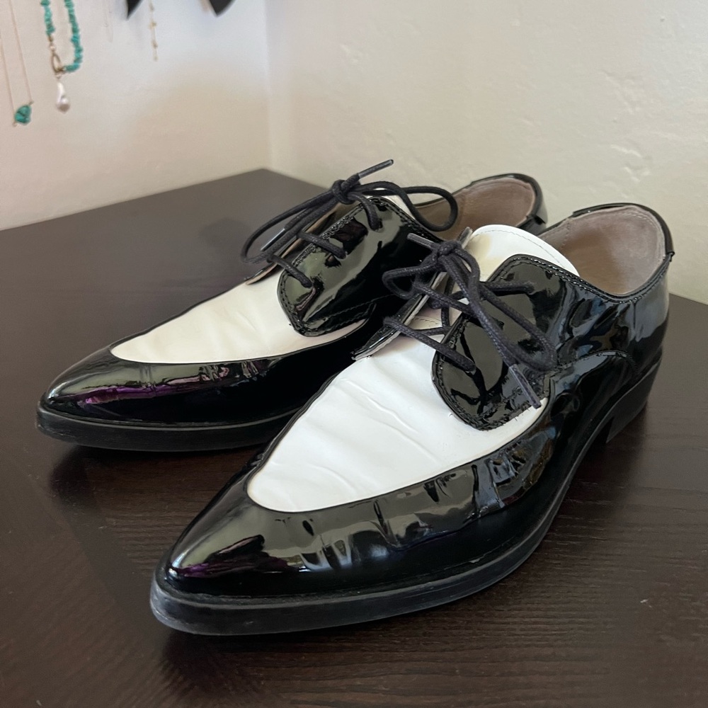 Allsaints black and white patent leather pointed loafers